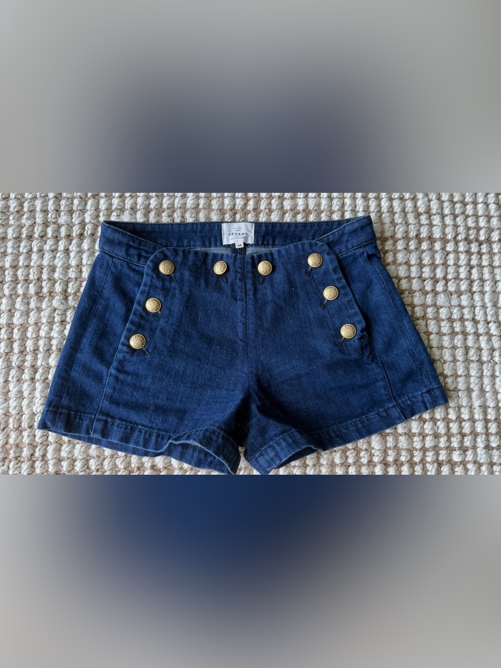 Sezane Navy High-Waist Sailor Button Denim Shorts